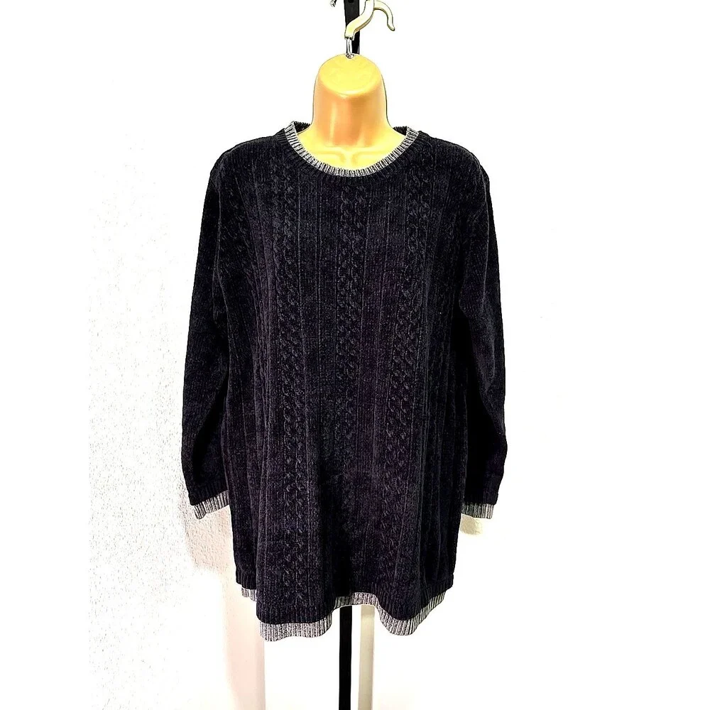 Jenny Cable Knit Chenille Pullover Sweater Womens M Minimalist Black Chunky Cozy